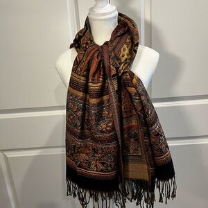 EUC Earth Tone Brocade Scarf/Shawl with Gold Sequins - 27” x 68”